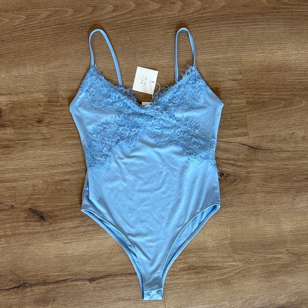 Zara Light Blue Lace-Trim Bodysuit
